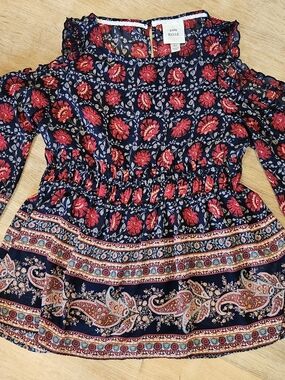 Knox Rose Navy Floral Smocked Peasant Tunic with Red Blooms